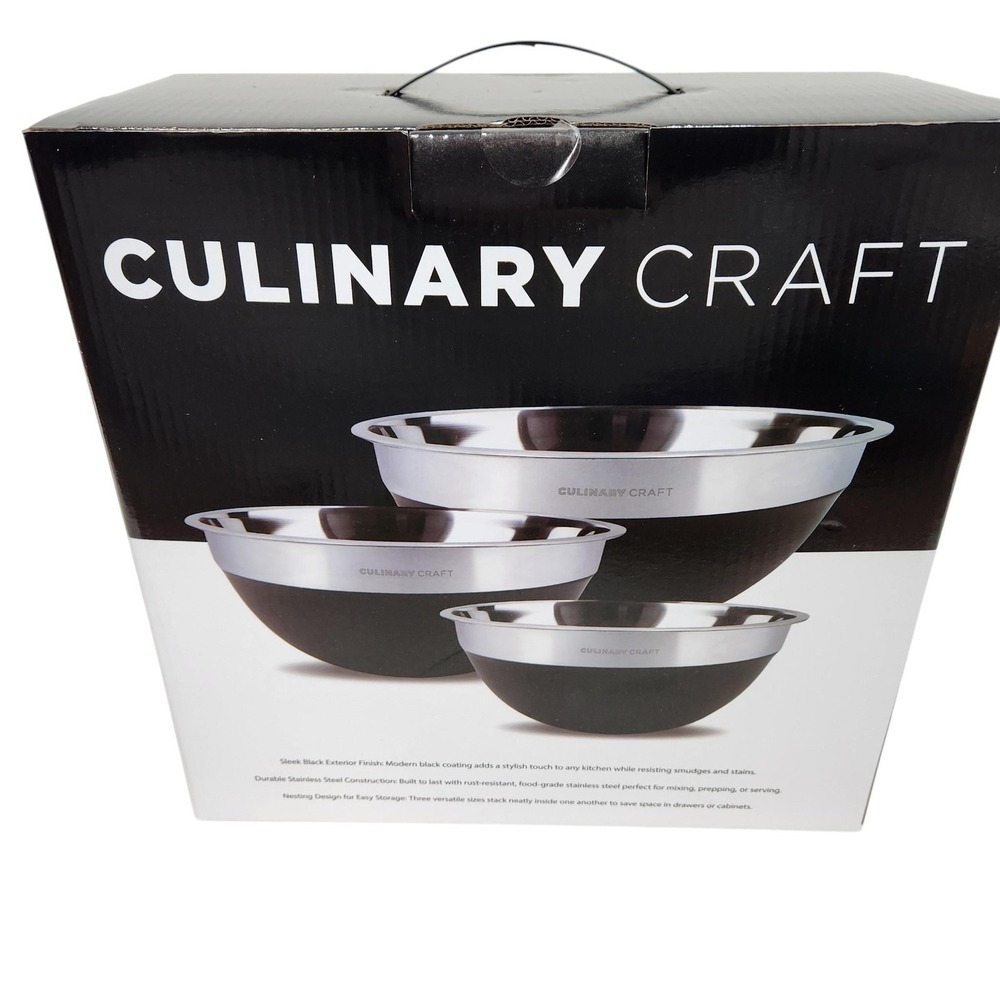 Culinary Craft 3pc Stainless Steel Nesting Mixing Bowl Set Black Kitchen Bowls